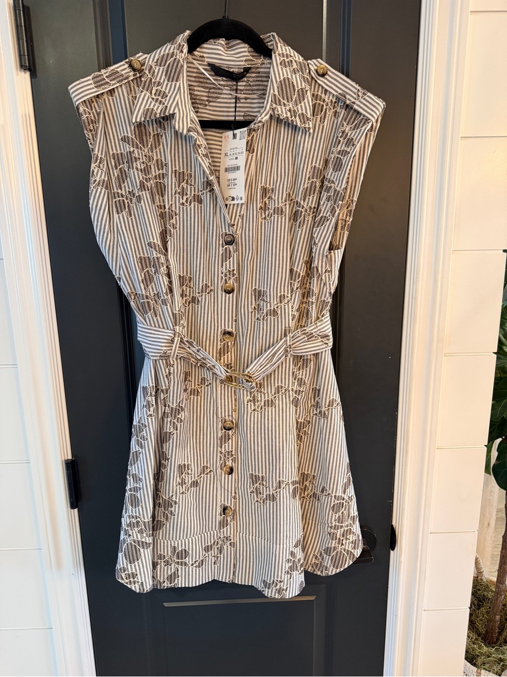 Zara Beige&White Striped Floral Button-Front Dress with gold sequins